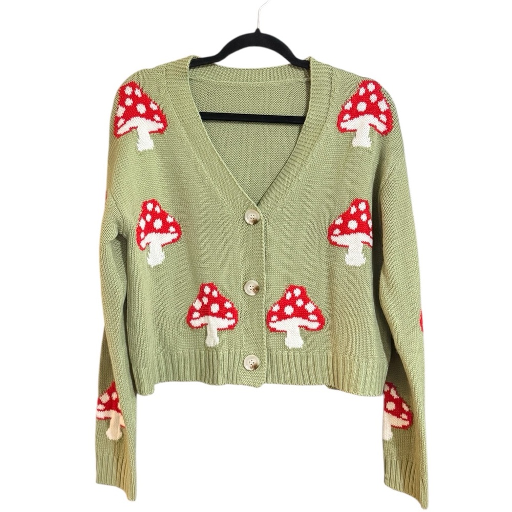 Stylish Red Mushroom Patterned Crop Style Cardigan Women’s Size XL